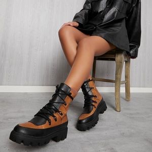 Lace Up Chunky Lug Sole Block Heel Booties